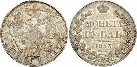 RUSSIAN EMPIRE AND FEDERATION. Nicholas I, 1796-1855. Rouble 1843, St. Petersburg Mint, АЧ. 21.00 g. Bitkin 202, Dav. 283. Extremely fine. Рубль 1843,...