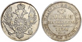 RUSSIAN EMPIRE AND FEDERATION. Nicholas I, 1796-1855. 3 Roubles Platin 1844, St. Petersburg Mint. Bitkin 90 (R). Fr. 160. Slightly polished. PCGS AU D...