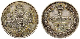RUSSIAN EMPIRE AND FEDERATION. Nicholas I, 1796-1855. 5 Kopecks 1844, St. Petersburg Mint, KБ. 1.08 g. Bitkin 397. Most attractive patina. Extremely f...