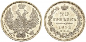 RUSSIAN EMPIRE AND FEDERATION. Nicholas I, 1796-1855. 20 Kopecks 1852, St. Petersburg Mint, ПA. 3.95 g. Bitkin 341. Rare in this condition. Extremely ...