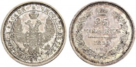 RUSSIAN EMPIRE AND FEDERATION. Nicholas I, 1796-1855. 25 Kopecks 1855, St. Petersburg Mint, HI. 5.15 g. Bitkin 311. Attractive patina. Extremely fine-...