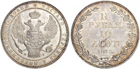 RUSSIAN EMPIRE AND FEDERATION. Nicholas I, 1796-1855. Mintage for Poland. 1 1/2 Roubles - 10 Zlotych 1833, St. Petersburg Mint, HГ. 31.09 g. Bitkin 10...