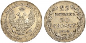 RUSSIAN EMPIRE AND FEDERATION. Nicholas I, 1796-1855. Mintage for Poland. 25 Kopecks - 50 Groszy 1844, Warsaw Mint. 5.06 g. Bitkin 1250 (R1). Very rar...