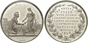 RUSSIAN EMPIRE AND FEDERATION. Alexander II, 1818-1881. Tin medal 1856. On the Signing of "Paris Peace". Dies by Ottley. Kneeling Mars hands over his ...