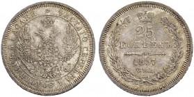 RUSSIAN EMPIRE AND FEDERATION. Alexander II, 1818-1881. 25 Kopecks 1857, St. Petersburg Mint, ФБ. 5.24 g. Bitkin 55. Small scratch on the obverse, oth...