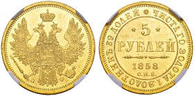 RUSSIAN EMPIRE AND FEDERATION. Alexander II, 1818-1881. 5 Roubles 1858, St. Petersburg Mint, ПФ. Bitkin 4. Fr. 163. NGC MS62. 5 рублей 1858, СПБ МД, П...