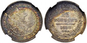 RUSSIAN EMPIRE AND FEDERATION. Alexander II, 1818-1881. 25 Kopecks 1858, St. Petersburg Mint, ФВ. Bitkin 56. Rare in this condition. NGC MS65. 25 копе...
