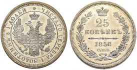 RUSSIAN EMPIRE AND FEDERATION. Alexander II, 1818-1881. 25 Kopecks 1858, St. Petersburg Mint, ФВ. 5.03 g. Bitkin 56. Rare in this condition. Cabinet p...