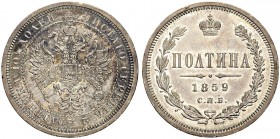 RUSSIAN EMPIRE AND FEDERATION. Alexander II, 1818-1881. Poltina 1859, St. Petersburg Mint, ФВ. 10.31 g. Bitkin 97. Good extremely fine. Полтина 1859, ...
