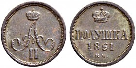 RUSSIAN EMPIRE AND FEDERATION. Alexander II, 1818-1881. Polushka 1861, Warsaw Mint. 1.12 g. Bitkin 497 (R). Rare. Extremely fine. Полушка 1861, Варшав...