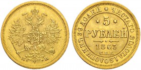 RUSSIAN EMPIRE AND FEDERATION. Alexander II, 1818-1881. 5 Roubles 1863, St. Petersburg Mint, МИ. 6.53 g. Bitkin 9. Fr. 163. Tiny scratch. About uncirc...