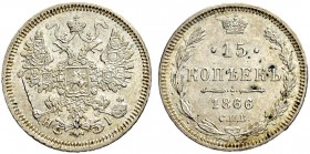 RUSSIAN EMPIRE AND FEDERATION. Alexander II, 1818-1881. 15 Kopecks 1866, St. Petersburg Mint, HI. 3.02 g. Bitkin 192. About uncirculated. 15 копеек 18...