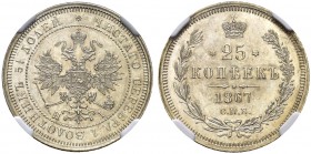 RUSSIAN EMPIRE AND FEDERATION. Alexander II, 1818-1881. 25 Kopecks 1867, St. Petersburg Mint, HI. Bitkin 143 (R). 2.25 roubles according to Petrov. Ve...