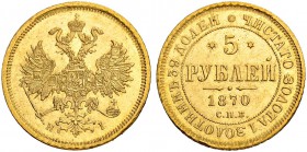 RUSSIAN EMPIRE AND FEDERATION. Alexander II, 1818-1881. 5 Roubles 1870, St. Petersburg Mint, HI. 6.54 g. Bitkin 18. Fr. 163. About uncirculated. 5 руб...