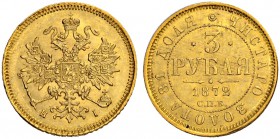 RUSSIAN EMPIRE AND FEDERATION. Alexander II, 1818-1881. 3 Roubles 1872, St. Petersburg Mint, HI. 3.92 g. Bitkin 34 (R). Fr. 164. Rare in this conditio...