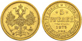 RUSSIAN EMPIRE AND FEDERATION. Alexander II, 1818-1881. 5 Roubles 1873, St. Petersburg Mint, HI. 6.52 g. Bitkin 21. Fr. 163. Very fine-extremely fine....