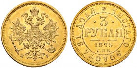 RUSSIAN EMPIRE AND FEDERATION. Alexander II, 1818-1881. 3 Roubles 1875, St. Petersburg Mint, HI. 3.80 g. Bitkin 37 (R). Fr. 164. Very rare in this con...
