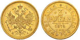 RUSSIAN EMPIRE AND FEDERATION. Alexander II, 1818-1881. 3 Roubles 1875, St. Petersburg Mint, HI. 3.93 g. Bitkin 37 (R). Fr. 164. Rare. Extremely fine....