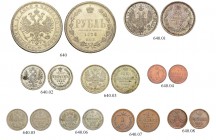 RUSSIAN EMPIRE AND FEDERATION. Alexander II, 1818-1881. Various coins. Rouble 1878. 25 Kopecks 1858. 20 Kopecks 1858, 1860. 10 Kopecks 1860. 5 Kopecks...