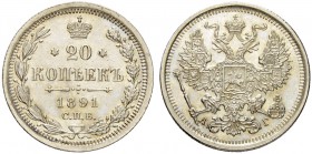 RUSSIAN EMPIRE AND FEDERATION. Alexander III, 1845-1894. 20 Kopecks 1891, St. Petersburg Mint, АГ. 3.53 g. Bitkin 110. With nice mint luster. Extremel...