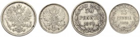 RUSSIAN EMPIRE AND FEDERATION. Alexander III, 1845-1894. 50 Penniä 1890, Helsingfors Mint, L. 25 Penniä 1889, Helsingfors Mint, L. Bitkin 234, 238. Ve...