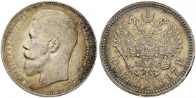 RUSSIAN EMPIRE AND FEDERATION. Nicholas II, 1868-1918. Rouble 1897, St. Petersburg Mint, АГ. 19.93 g. Bitkin 41. Dav. 293. Nice toning. Extremely fine...