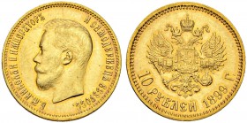RUSSIAN EMPIRE AND FEDERATION. Nicholas II, 1868-1918. 10 Roubles 1899, St. Petersburg Mint, АГ. 8.59 g. Bitkin 4. Fr. 179. Nice toning. Extremely fin...