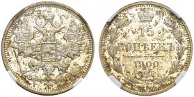 RUSSIAN EMPIRE AND FEDERATION. Nicholas II, 1868-1918. 15 Kopecks 1900, St. Petersburg Mint, ФЗ. Bitkin 125. Very rare in this condition. Cabinet piec...