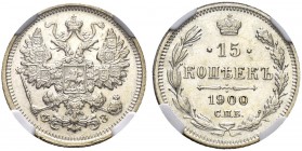 RUSSIAN EMPIRE AND FEDERATION. Nicholas II, 1868-1918. 15 Kopecks 1900, St. Petersburg Mint, ФЗ. Bitkin 125. Rare in this condition. NGC MS64. 15 копе...