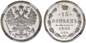 RUSSIAN EMPIRE AND FEDERATION. Nicholas II, 1868-1918. 15 Kopecks 1905, St. Petersburg Mint, АР. Bitkin 131. Very rare in this proof condition. Cabine...