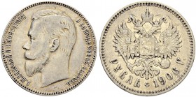 RUSSIAN EMPIRE AND FEDERATION. Nicholas II, 1868-1918. Rouble 1906, St. Petersburg Mint, ЭБ. 19.82 g. Bitkin 60 (R). Dav. 293. Rare. Very fine. Рубль ...