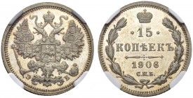 RUSSIAN EMPIRE AND FEDERATION. Nicholas II, 1868-1918. 15 Kopecks 1906, St. Petersburg Mint, ЭБ. Bitkin 132. Rare in this condition. NGC PF63 Cameo. 1...