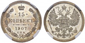 RUSSIAN EMPIRE AND FEDERATION. Nicholas II, 1868-1918. 15 Kopecks 1907, St. Petersburg Mint, ЭБ. Bitkin 133. Rare in this condition. NGC PF64. 15 копе...