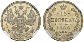RUSSIAN EMPIRE AND FEDERATION. Nicholas II, 1868-1918. 15 Kopecks 1908, St. Petersburg Mint, ЭБ. Bitkin 134. Rare in this condition. NGC MS64. 15 копе...