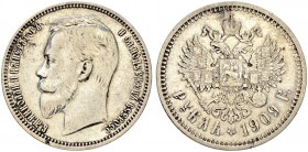 RUSSIAN EMPIRE AND FEDERATION. Nicholas II, 1868-1918. Rouble 1909, St. Petersburg Mint, ЭБ. 19.85 g. Bitkin 63 (R). Dav. - (cf. 293). Rare date. Edge...