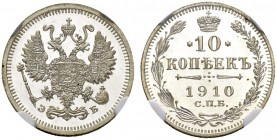 RUSSIAN EMPIRE AND FEDERATION. Nicholas II, 1868-1918. 10 Kopecks 1910, St. Petersburg Mint, ЭБ. Bitkin 162. Very rare in this condition. NGC PF66 Ult...
