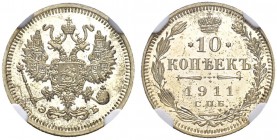 RUSSIAN EMPIRE AND FEDERATION. Nicholas II, 1868-1918. 10 Kopecks 1911, St. Petersburg Mint, ЭБ. Bitkin 163. Rare in this condition. Cabinet piece. NG...