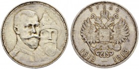 RUSSIAN EMPIRE AND FEDERATION. Nicholas II, 1868-1918. Rouble 1913, St. Petersburg Mint, BC. Commemorating the 300th anniversary of the Romanov dynast...
