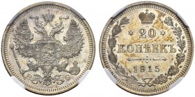 RUSSIAN EMPIRE AND FEDERATION. Nicholas II, 1868-1918. 20 Kopecks 1915, St. Petersburg Mint, BС. Bitkin 117. Rare in this condition. NGC PF62. 20 копе...