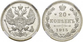 RUSSIAN EMPIRE AND FEDERATION. Nicholas II, 1868-1918. 20 Kopecks 1915, St. Petersburg Mint, BС. Bitkin 117. Rare in this condition. NGC MS67. 20 копе...