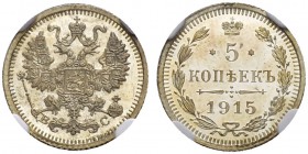 RUSSIAN EMPIRE AND FEDERATION. Nicholas II, 1868-1918. 5 Kopecks 1915, St. Petersburg Mint, BС. Bitkin 192. Very rare in this condition. NGC PF65 Came...