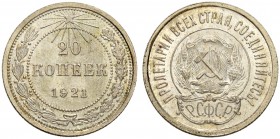 RUSSIAN EMPIRE AND FEDERATION. Soviet Union, Union of Soviet Socialist Republics, 1917-1991. 20 Kopecks 1921. 3.60 g. KM Y82. About uncirculated. 20 к...