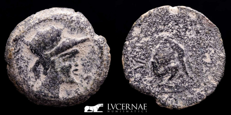 Ursone (Osuna), bronze as. Minted in 50 a.C. Bear.

Female head with helmet on t...