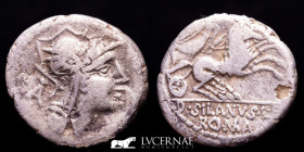 D. Junius L f Silanus Silver Denarius 3,59 g. 18 mm. Rome 91 BC gVF