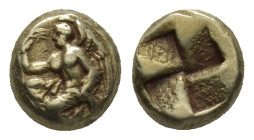 MYSIA, Kyzikos. 5th-4th centuries BC. EL Hemihekte – Twelfth Stater (8mm, 1.5 g). Nike, holding [aphlaston] in extended right hand, kneeling left on t...