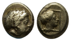 LESBOS, Mytilene. Circa 377-326 BC. EL Hekte – Sixth Stater (10mm, 2.6 g). Laureate head of Apollo right / Head of female right within linear square....