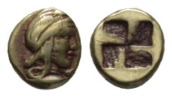 Mysia, Kyzikos EL Myshemihekte - 1/24 Stater. (5mm, 0.7 g) Circa 450-400 BC. Head of Attis right, wearing ornamented Phrygian cap; [tunny fish below] ...