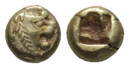 LYDIA. Kroisos, 561-546 B.C. EL Hemihekte (1/12 Stater) (7mm, 1.3 g), ca. 610-546 B.C. Lion's head right; Reverse: Incuse square.