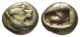 Kings of Lydia. Sardeis. Time of Alyattes to Kroisos circa 620-539 BC. Trite - Third Stater EL (11mm, 4.4 g). Head of roaring lion right, "sun" with m...