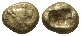 Kings of Lydia. Sardeis. Time of Alyattes to Kroisos circa 620-539 BC. Trite - Third Stater EL (13mm, 4.6 g). Head of roaring lion right, "sun" with m...